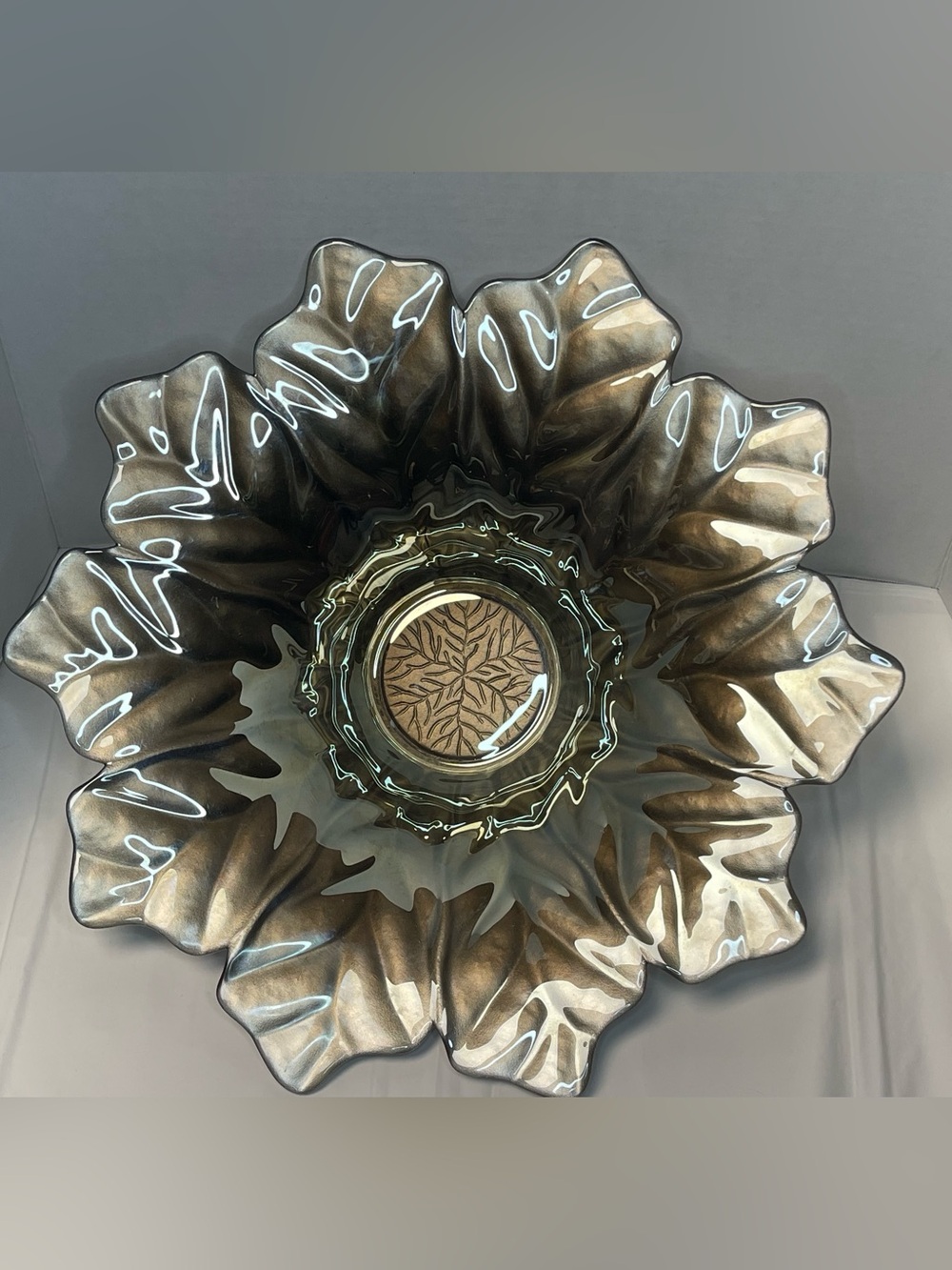 Vintage Decorative Glass Flower Bowl, Two Tone silver to Smoky Brown